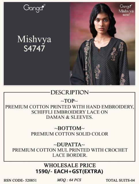 Ganga mishvya 4747 embroidery dress materials wholesale